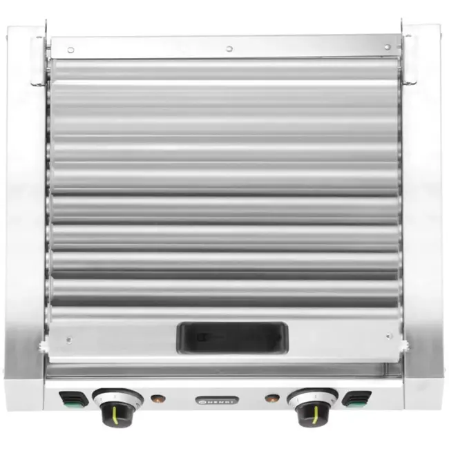 HENDI worstrolgrill rvs, rollengte 45 cm, energiezuinig glazen deksel, 2 zones, horeca, zilver