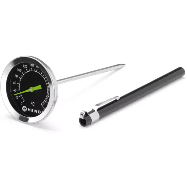 HENDI Analoge keukenthermometer - roestvast staal en veiligheidsglas - diameter 5,2 cm, hoogte 14 cm - zilverkleurig - 0 tot 300 graden - voor professionele keuken