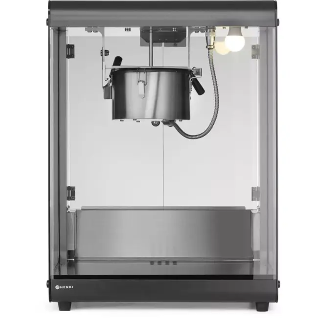 HENDI popcornmachine - koolstofstaal en veiligheidsglas - met roermechanisme en verwarmde bodem - 56x44,5x77,5 cm - zwart - 80 liter - voor horeca en evenementen