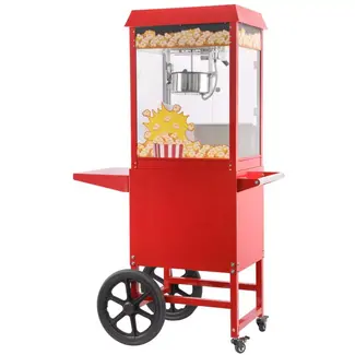 HENDI popcornmachine met kar - aluminium en staal, veiligheidsglas - verwarmde bodem en verlichting - 94 x 51 x 155,3 cm - rood - voor horeca en evenementen