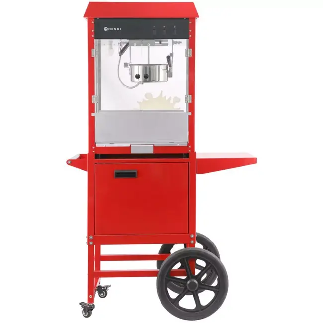HENDI popcornmachine met kar - aluminium en staal, veiligheidsglas - verwarmde bodem en verlichting - 94 x 51 x 155,3 cm - rood - voor horeca en evenementen