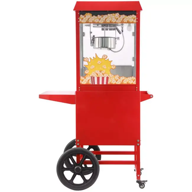 HENDI popcornmachine met kar - aluminium en staal, veiligheidsglas - verwarmde bodem en verlichting - 94 x 51 x 155,3 cm - rood - voor horeca en evenementen