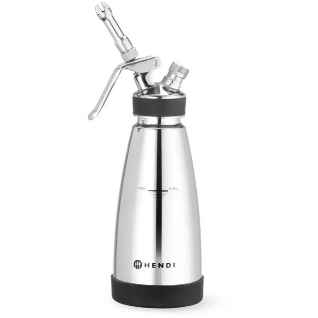 HENDI slagroomsifon thermisch geisoleerd - rvs dubbelwandig - 0,5 liter - 95 mm dia x 275 mm hoog - zilver - met 3 spuitmondjes - voor warme en koude sauzen
