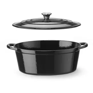 HENDI Braadpan van gietijzer met emaille - met druppeldeksel - 40,5x25,5x(h)13,4 cm - inhoud 6,88 liter - zwart - voor stoven, braden, oven en inductie