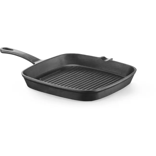 HENDI Grillpan - gietijzer - vierkant met schenktuit, ribbels en gietijzeren handgreep - 23 x 23 x (H)2,5 cm - zwart - voor vlees en groenten