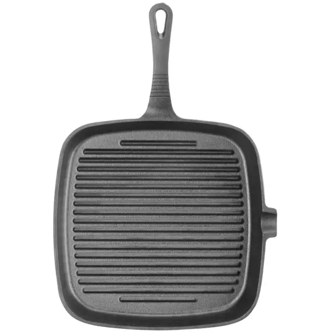 HENDI Grillpan - gietijzer - vierkant met schenktuit, ribbels en gietijzeren handgreep - 23 x 23 x (H)2,5 cm - zwart - voor vlees en groenten