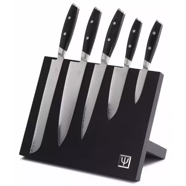 Yaxell magnetisch messenblok met messenset - beukenhout en roestvrij staal - zwart - 5 messen - voor de keuken - veilig opbergen