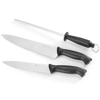HENDI messenset met slijpstaal - rvs en koolstofstaal - koksmessen 18 en 24 cm, slijpstaal 23 cm - zwart - 3-delig - professioneel snijden, slijpen en onderhouden
