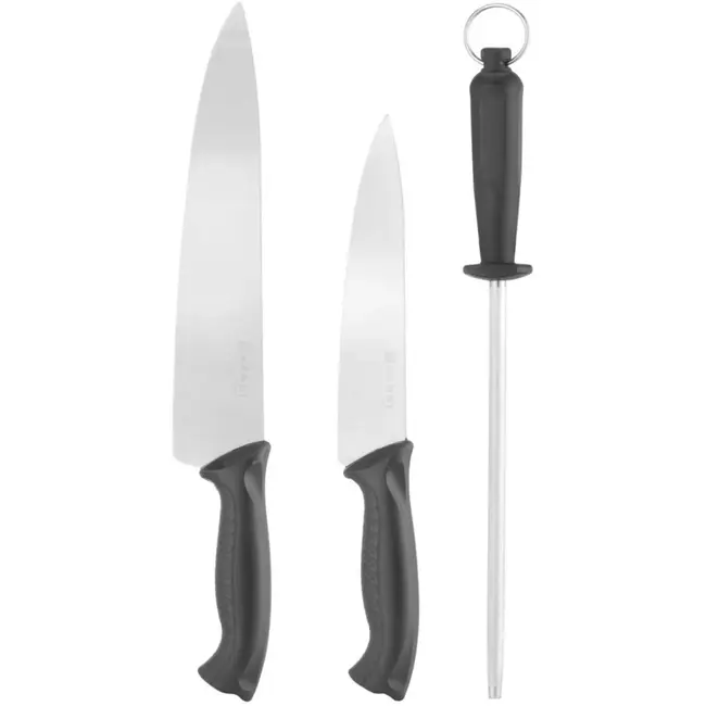 HENDI messenset met slijpstaal - rvs en koolstofstaal - koksmessen 18 en 24 cm, slijpstaal 23 cm - zwart - 3-delig - professioneel snijden, slijpen en onderhouden