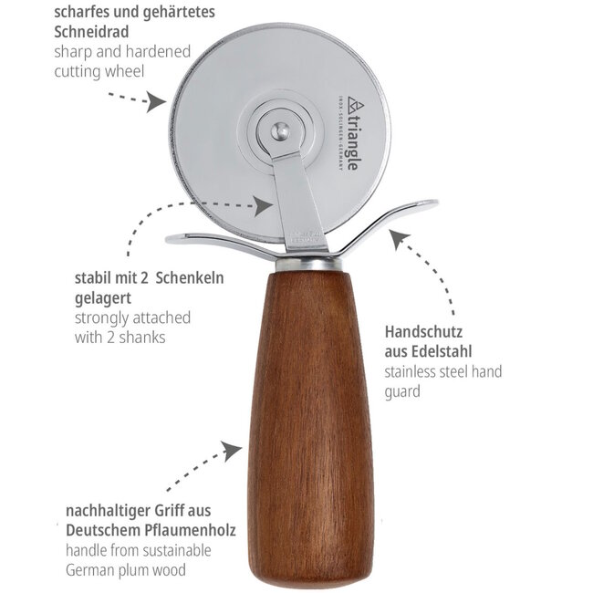 Triangle Pizzasnijder van RVS en Walnotenhout – Ø 6 cm – Ambacht uit Solingen