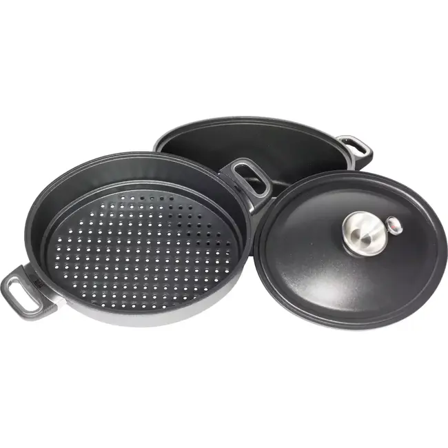 AMT Gastroguss Ovale waterloze kookset 33 x 26 cm met deksel en stoominzet met zijhandgrepen LOTAN® antiaanbaklaag geschikt voor alle warmtebronnen incl. inductie