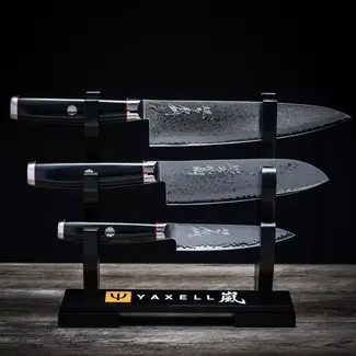 Yaxell Super Gou Ypsilon Messenset – 4-delig – Katana Display met 3 Messen – 193 Lagen Damaststaal – SG2 Staal – 63 HRC – Canvas-Micarta Heft – Japan