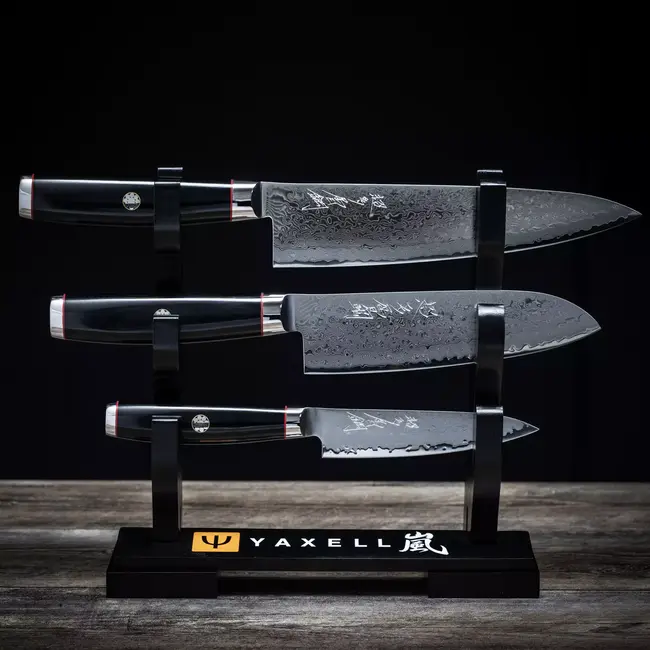 Yaxell Super Gou Ypsilon Messenset – 4-delig – Katana Display met 3 Messen – 193 Lagen Damaststaal – SG2 Staal – 63 HRC – Canvas-Micarta Heft – Japan