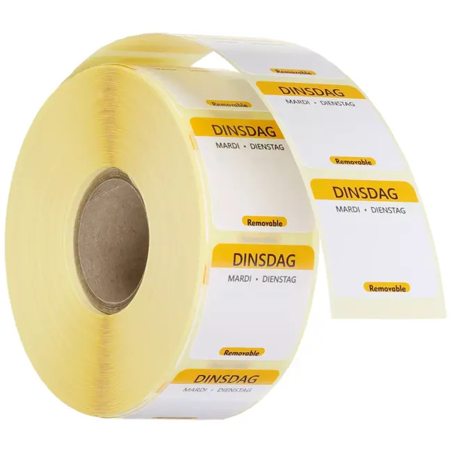 HENDI Herbruikbare voedselveiligheid dagstickers dinsdag geel 25x25 mm met notitieruimte kleurgecodeerd 1000 per rol