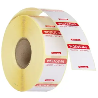 HENDI Herbruikbare voedselveiligheid dagstickers woensdag rood 25x25 mm met notitieruimte kleurgecodeerd 1000 per rol