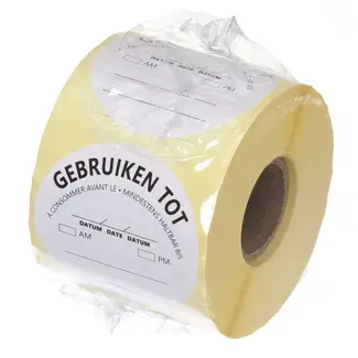 HENDI Herbruikbare voedselveiligheid stickers “Gebruik vóór” Ø50 mm meertalig wit met notitieruimte 500 per rol