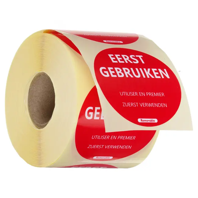 HENDI Herbruikbare voedselveiligheid stickers “Gebruik eerst” rood Ø50 mm meertalig met notitieruimte 500 per rol