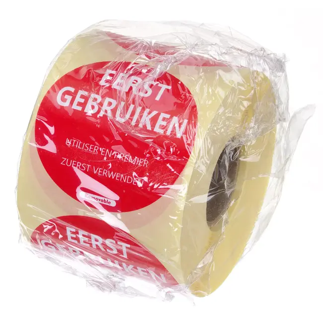HENDI Herbruikbare voedselveiligheid stickers “Gebruik eerst” rood Ø50 mm meertalig met notitieruimte 500 per rol