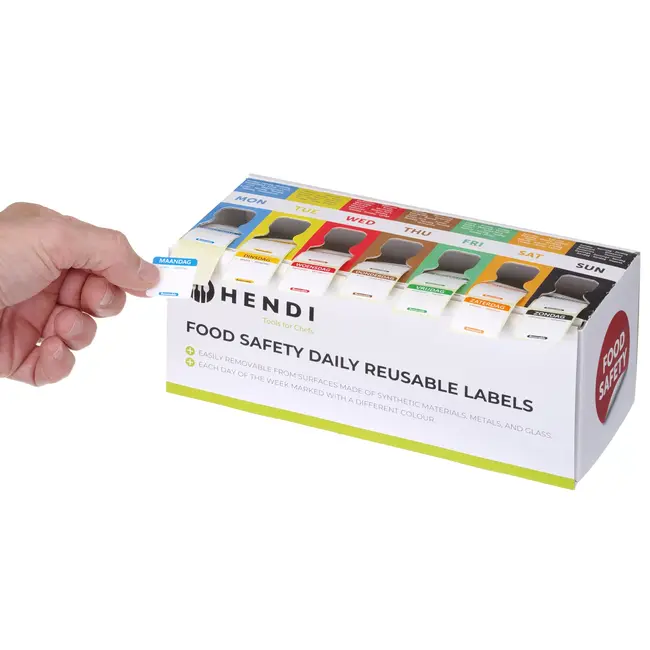 HENDI Set herbruikbare voedselveiligheidsstickers met dispenser – 7 rollen voor elke dag van de week 25x25 mm 7000 stuks