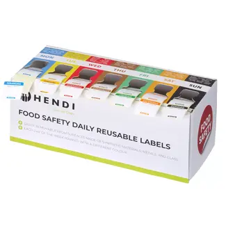 HENDI Set herbruikbare voedselveiligheidsstickers met dispenser – 7 rollen voor elke dag van de week 25x25 mm 7000 stuks