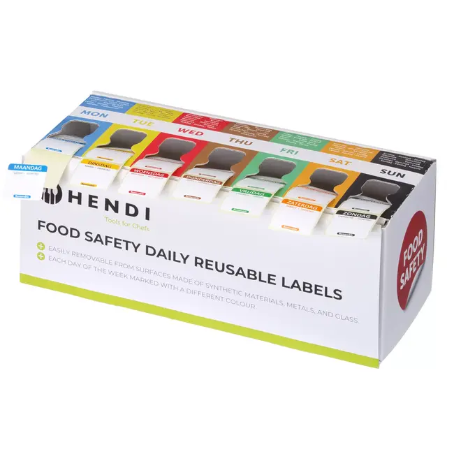 HENDI Set herbruikbare voedselveiligheidsstickers met dispenser – 7 rollen voor elke dag van de week 25x25 mm 7000 stuks
