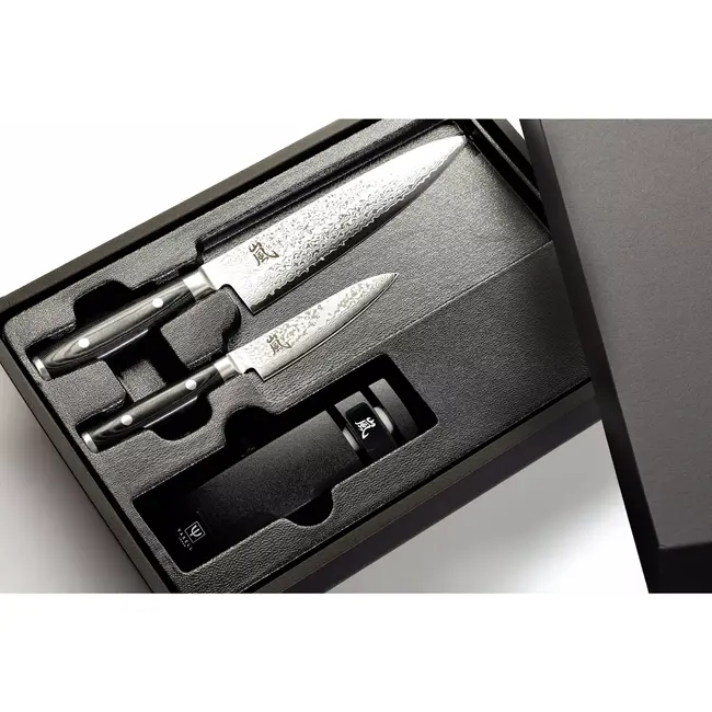 Yaxell Zen Geschenkset – 3-delig – Water Slijper met Koksmes 20 cm en Universeelmes 12 cm – 37 Lagen Damaststaal – Canvas-Micarta Heft