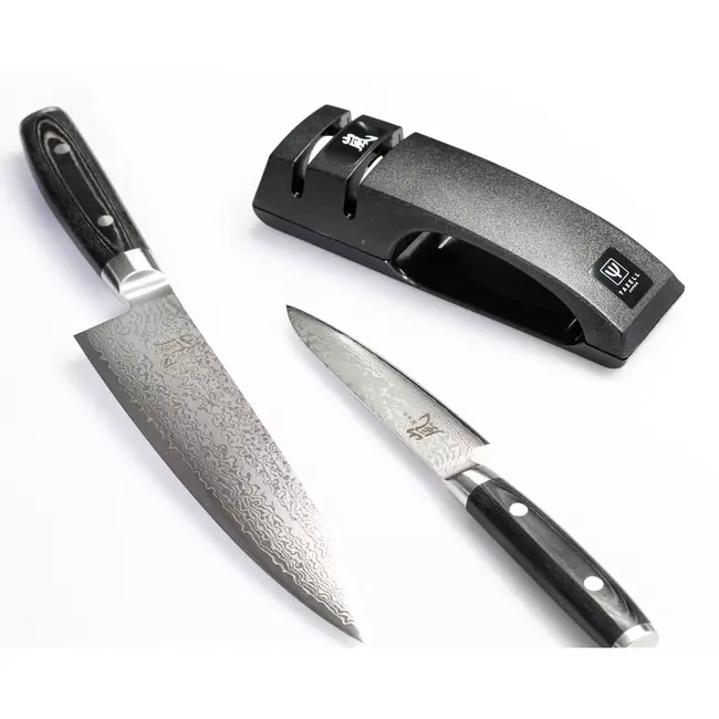 Yaxell Zen Geschenkset – 3-delig – Water Slijper met Koksmes 20 cm en Universeelmes 12 cm – 37 Lagen Damaststaal – Canvas-Micarta Heft