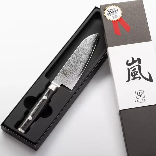 Yaxell Ran Santoku Koksmes 12,5 cm – 69 Lagen Damaststaal – VG10 Staal – 61 HRC – Canvas-Micarta Heft