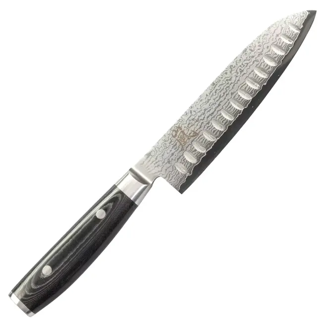 Yaxell Ran Santoku Koksmes 16,5cm met Kuiltjes – 69 Lagen Damaststaal – VG10 Staal – 61 HRC – Canvas-Micarta Heft