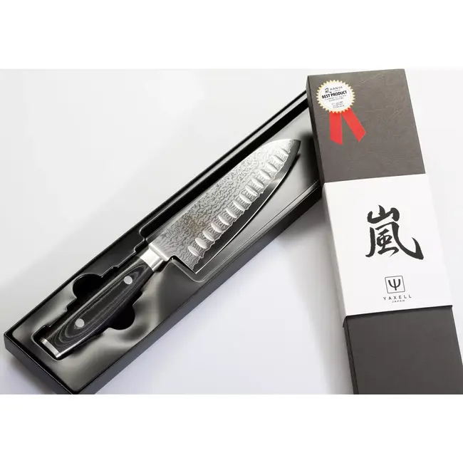 Yaxell Ran Santoku Koksmes 16,5cm met Kuiltjes – 69 Lagen Damaststaal – VG10 Staal – 61 HRC – Canvas-Micarta Heft