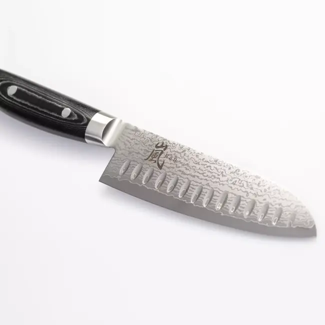 Yaxell Ran Santoku Koksmes 16,5cm met Kuiltjes – 69 Lagen Damaststaal – VG10 Staal – 61 HRC – Canvas-Micarta Heft