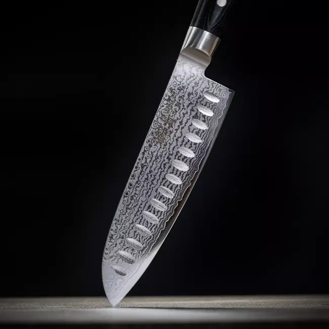 Yaxell Ran Santoku Koksmes 16,5cm met Kuiltjes – 69 Lagen Damaststaal – VG10 Staal – 61 HRC – Canvas-Micarta Heft