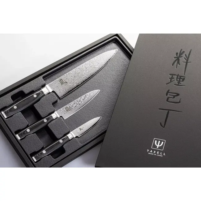 Yaxell Ran Messenset – Giftset – 3-delig – Koksmes 20 cm, Universeelmes 12 cm & Schilmes 8 cm – 69 Lagen Damaststaal – VG10 Staal – 61 HRC – Canvas-Micarta Heft