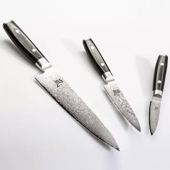 Yaxell Ran Messenset – Giftset – 3-delig – Koksmes 20 cm, Universeelmes 12 cm & Schilmes 8 cm – 69 Lagen Damaststaal – VG10 Staal – 61 HRC – Canvas-Micarta Heft