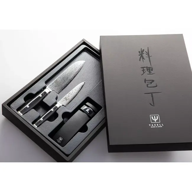 Yaxell Ran Messenset – Giftset – 3-delig – Messenlijper met Santoku Mes 16,5 cm en Universeelmes 12 cm - 69 Lagen Damaststaal – VG10 Staal – 61 HRC – Canvas-Micarta Heft