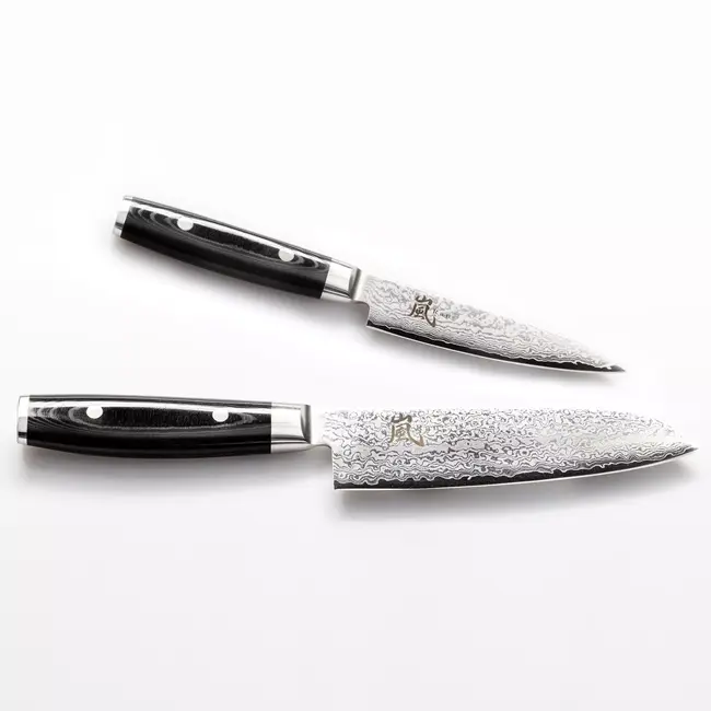 Yaxell Ran Messenset – Giftset – 3-delig – Messenlijper met Santoku Mes 16,5 cm en Universeelmes 12 cm - 69 Lagen Damaststaal – VG10 Staal – 61 HRC – Canvas-Micarta Heft