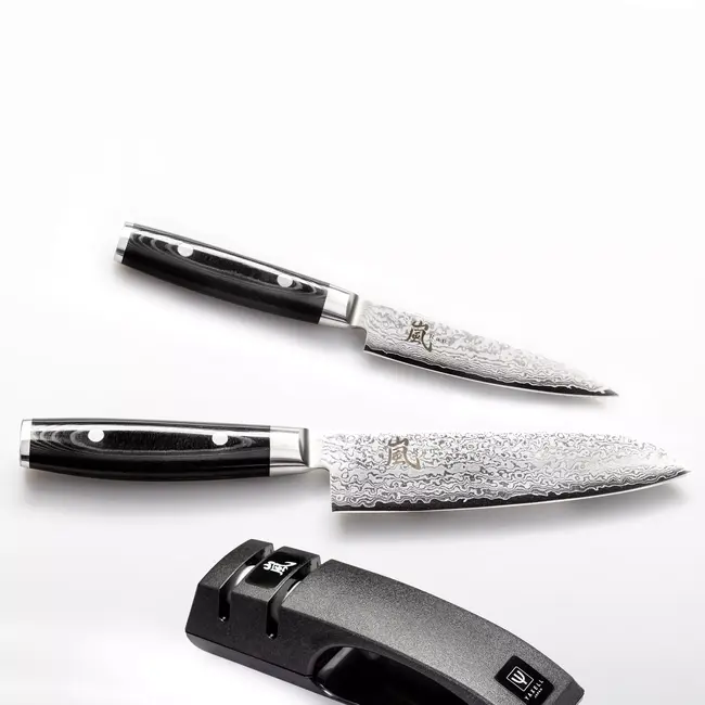 Yaxell Ran Messenset – Giftset – 3-delig – Messenlijper met Santoku Mes 16,5 cm en Universeelmes 12 cm - 69 Lagen Damaststaal – VG10 Staal – 61 HRC – Canvas-Micarta Heft