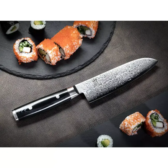 Yaxell Ran Messenset – Giftset – 2-delig – Santoku Mes 16,5 cm en Messenlijper – 69 Lagen Damaststaal – VG10 Staal – 61 HRC – Canvas-Micarta Heft