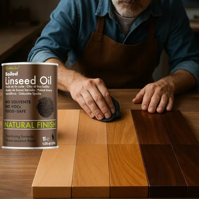 Materialix Gekookte lijnzaadolie – 1 liter – voedselveilig voor hout en steen met sneldrogende slijtvaste beschermende afwerking