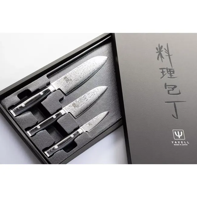 Yaxell Ran Messenset – Giftset – 3-delig – Santoku Mes 16,5 cm, Santoku Mes 12,5 cm en Schilmes 8 cm - 69 Lagen Damaststaal – VG10 Staal – 61 HRC – Canvas-Micarta Heft