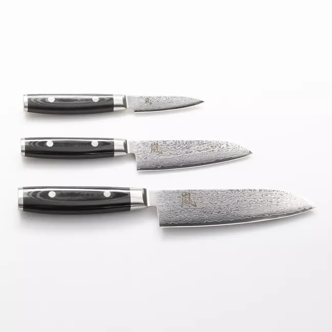 Yaxell Ran Messenset – Giftset – 3-delig – Santoku Mes 16,5 cm, Santoku Mes 12,5 cm en Schilmes 8 cm - 69 Lagen Damaststaal – VG10 Staal – 61 HRC – Canvas-Micarta Heft