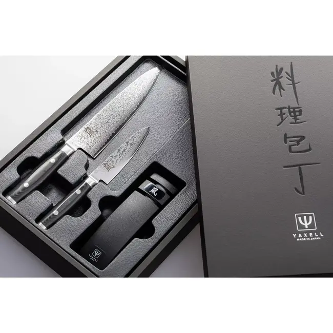 Yaxell Ran Messenset – Giftset – 3-delig – Messenslijper met Koksmes 20 cm en Universeelmes 12 cm – 69 Lagen Damaststaal – VG10 Staal – 61 HRC – Canvas-Micarta Heft