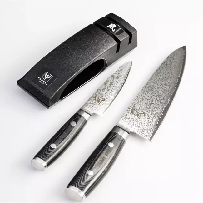 Yaxell Ran Messenset – Giftset – 3-delig – Messenslijper met Koksmes 20 cm en Universeelmes 12 cm – 69 Lagen Damaststaal – VG10 Staal – 61 HRC – Canvas-Micarta Heft