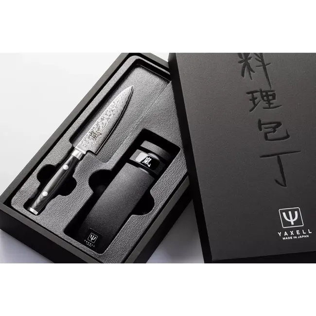 Yaxell Ran Messenset – Giftset – 2-delig – Messenslijper en Universeelmes 12 cm – 69 Lagen Damaststaal – VG10 Staal – 61 HRC – Canvas-Micarta Heft