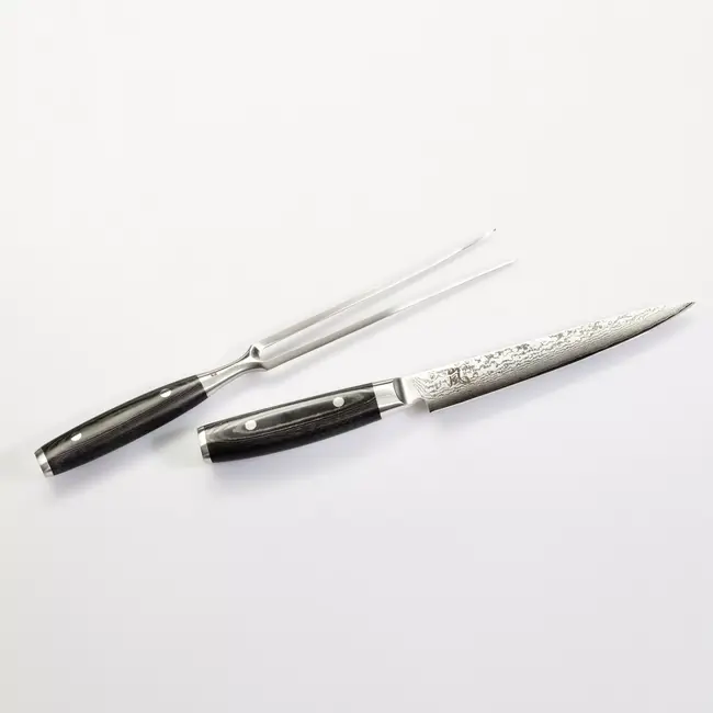 Yaxell Ran Messenset – Giftset – 2-delig – Vleesmes van 18 cm en een Vleesvork van 16 cm – 69 Lagen Damaststaal – VG10 Staal – 61 HRC – Canvas-Micarta Heft
