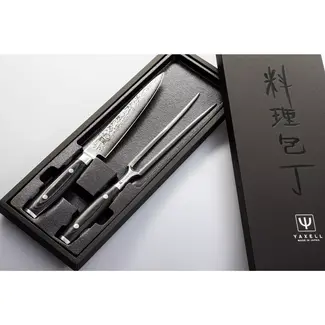 Yaxell Ran Messenset – Giftset – 2-delig – Vleesmes van 18 cm en een Vleesvork van 16 cm – 69 Lagen Damaststaal – VG10 Staal – 61 HRC – Canvas-Micarta Heft