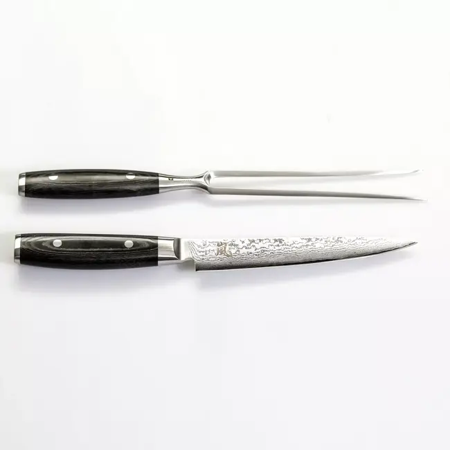 Yaxell Ran Messenset – Giftset – 2-delig – Vleesmes van 18 cm en een Vleesvork van 16 cm – 69 Lagen Damaststaal – VG10 Staal – 61 HRC – Canvas-Micarta Heft