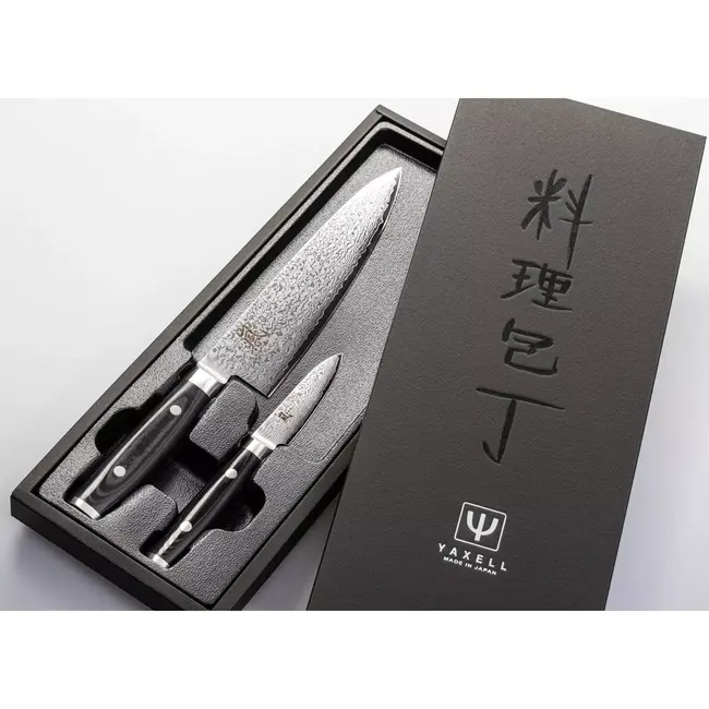 Yaxell Ran Messenset – Giftset – 2-delig – Koksmes 20 cm & Schilmes 8 cm – 69 Lagen Damaststaal – VG10 Staal – 61 HRC – Canvas-Micarta Heft