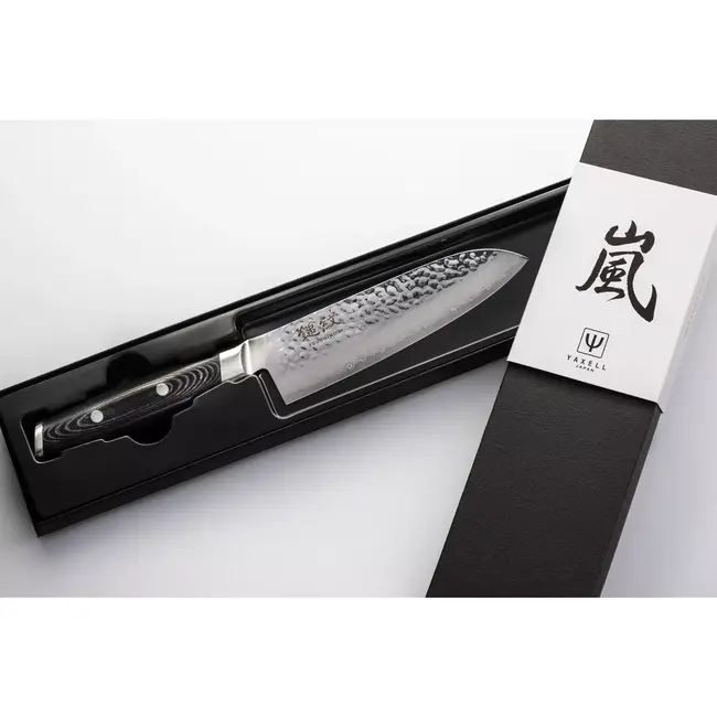 Yaxell Tsuchimon Santoku Koksmes 16,5 cm – VG10 Staal – Gehamerd Lemmet – Micarta Heft