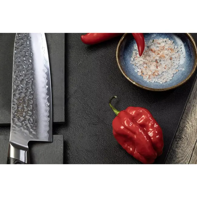Yaxell Tsuchimon Santoku Koksmes 16,5 cm – VG10 Staal – Gehamerd Lemmet – Micarta Heft